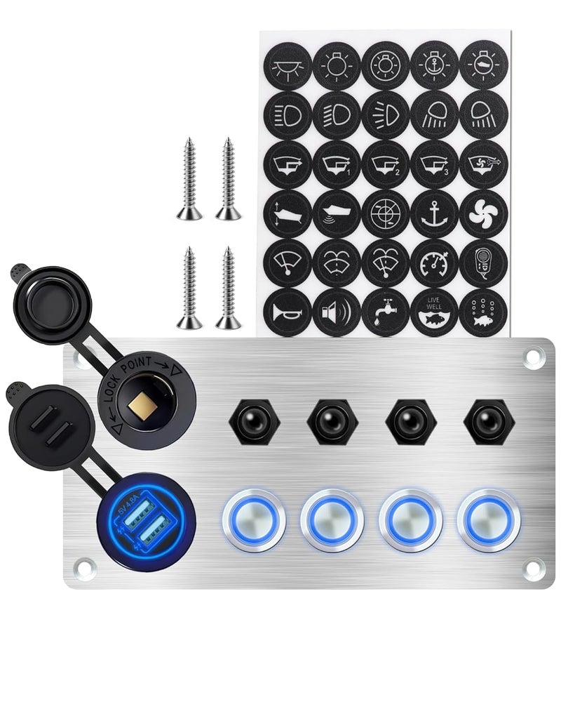 IZTOSS 4 Gang Aluminum Push Button Switch Panel with 5V/4.8 Dual USB Socket Outlet Circuit Breaker for Marine RV Boat Caravan Yacht - Image 2